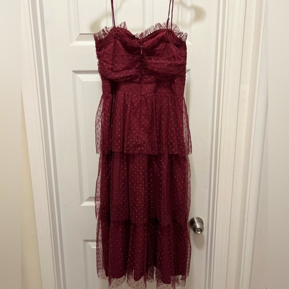 Lulu’s Red (Wine) Sweetheart Style Black Polka Dot Bustier Midi Dress, size M - Picture 4 of 5
